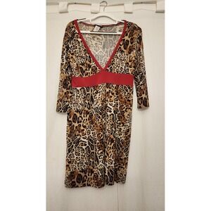 Vtg Y2K Zoey Beth Dress‎ Womens XL Animal Print leopard Red Waist 3/4 Sleeve V